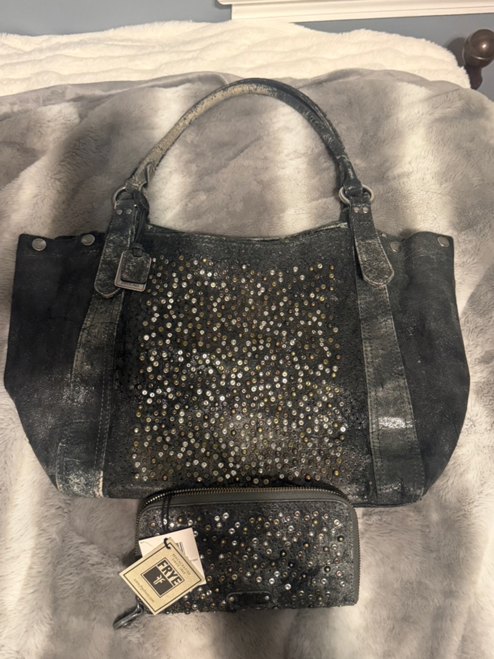 Frye Black Deborah Distressed Studded Leather Tote with Matching Wallet